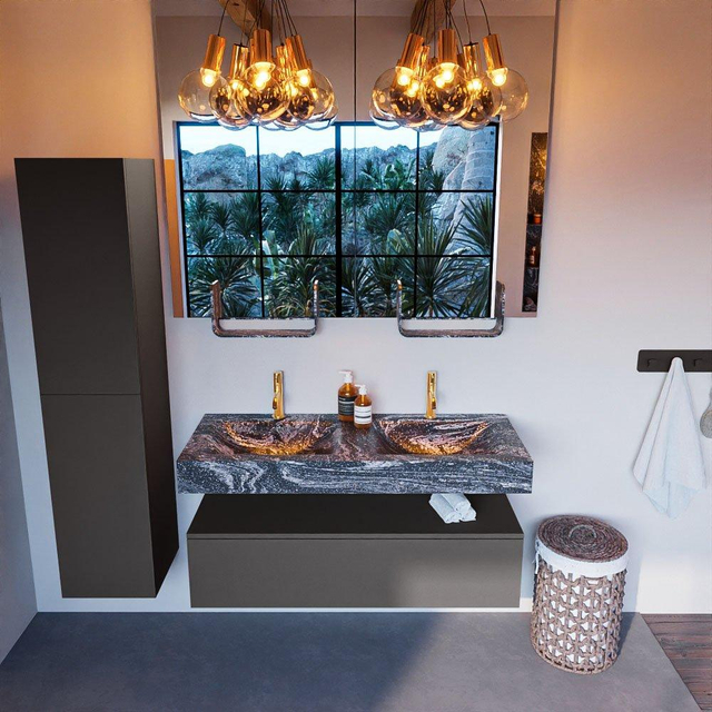 MONDIAZ ALAN - DLUX Badkamermeubelset - 120cm - onderkast - Dark grey - 1 lade - vrijhangende wastafel - 2 wasbakken - 2 kraangaten - Lava ADX120Dar1LD2Lav