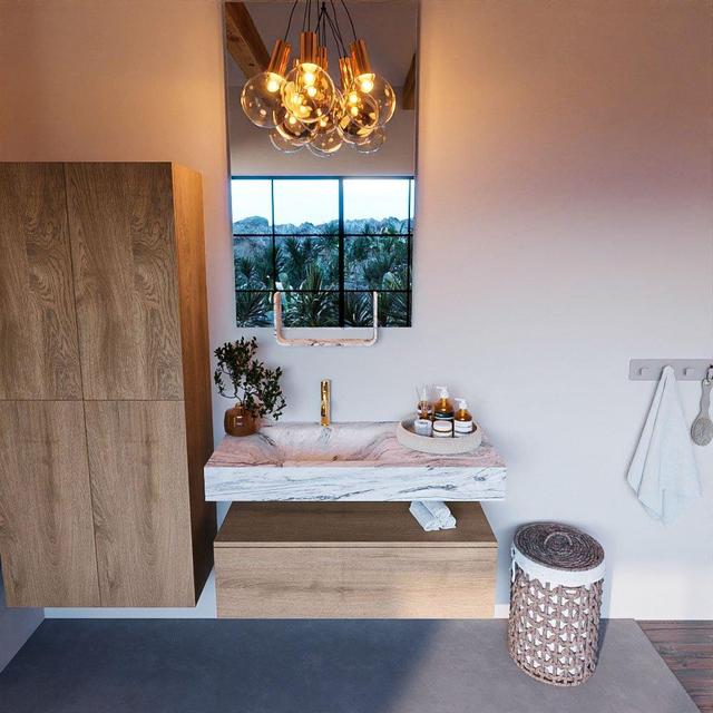 MONDIAZ ALAN - DLUX Badkamermeubelset - 100cm - onderkast - Washed Oak - 1 lade - vrijhangende wastafel - wasbak links - 1 kraangat - Glace ADX100Was1LL1Gla