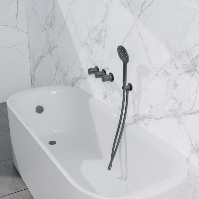 Fortifura Nebbio Badcombinatie-set - thermostaatkraan - inbouwdeel - inbouw uitbreiding - wandaansluitbocht - metalen doucheslang - ronde handdouche - badafvoer opbouw - geborsteld gunmetal PVD SW1183068 SW1183076 SW1183081 SW766536 SW706207 SW