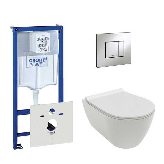 Grohe Royal plaza Belbo wandcloset spoelrandloos mat wit inclusief inbouwreservoir, toiletzitting en bedieningsplaat verticaal/horizontaal mat chroom 0720002/0729205/sw156536/sw205927/