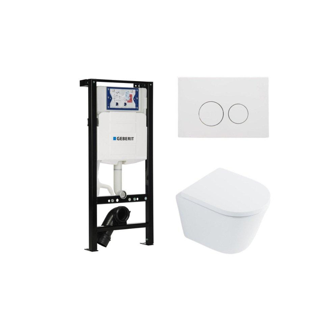 QeramiQ Dely Toiletset - 36.3x51.7cm - diepspoel - rimless - Geberit UP320 plieger inbouwreservoir - softclose toilet zitting 35 mm - mat witte bedieningsplaat - ronde knoppen - wit glans SW1026255 /SW1159505/SW1381697/SW706190
