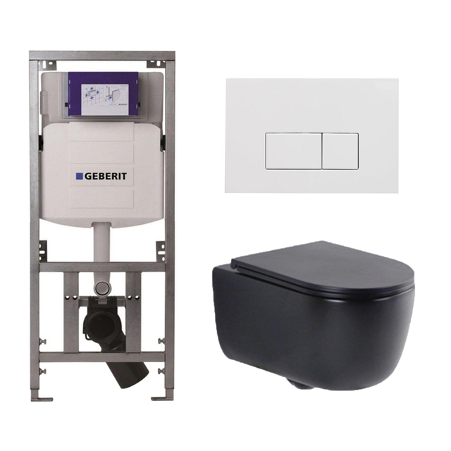 QeramiQ Dely Swirl Toiletset - 36.3x51.7cm - Geberit UP320 Burda inbouwreservoir - slimzitting - glans witte bedieningsplaat - rechthoekige knoppen - mat zwart 0701131/SW706187/SW1000768/SW1026258