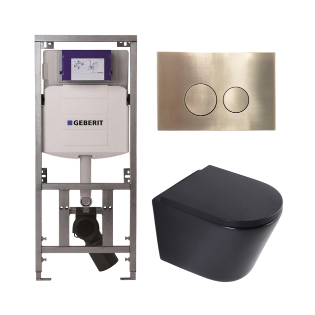 QeramiQ Dely Toiletset - 36.3x51.7cm - diepspoel - rimless - Geberit UP320 inbouwreservoir - softclose toilet zitting 35 mm - geborsteld messing bedieningsplaat - ronde knoppen - mat zwart SW1026253/SW1000769/0701131/SW706200