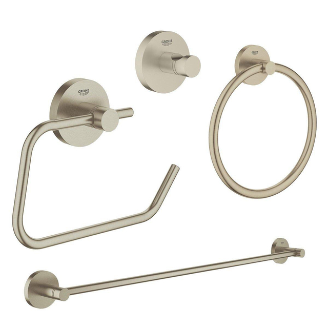 GROHE Essentials accessoireset 4-delig met handdoekring, handdoekhouder, handdoekhaak en toiletrolhouder zonder klep geborsteld Nikkel sw98951/sw98983/sw99007/sw99031/