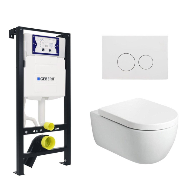 Plieger Kansas Toiletset - UP320 inbouwreservoir - wandcloset - zitting - softclose - mat witte bedieningsplaat - ronde knoppen - mat wit SW1381697/SW702230/SW706190