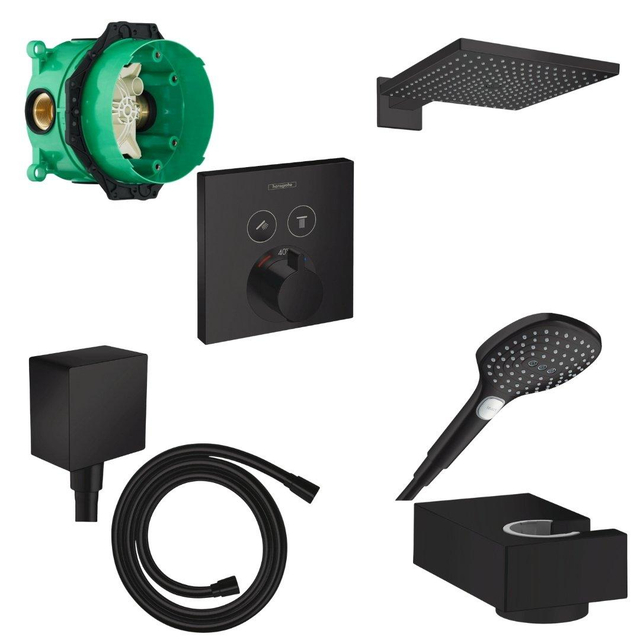 Hansgrohe Raindance e Doucheset - inbouwdeel - hoofddouche - handdouche - thermostaat - muuraansluitbocht - wandhouder - doucheslang - mat zwart 457051/SW297590/SW297303/SW297305/SW297535/SW29758