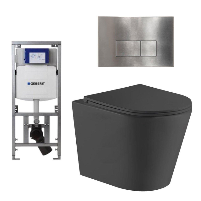 QeramiQ Dely Toiletset - 36.3x51.7cm - diepspoel - rimless - Geberit UP320 Burda inbouwreservoir - softclose toiletzitting - steel bedieningsplaat - rechtehoekige knoppen - zwart mat SW1026253/0701131/SW706195/SW1000768