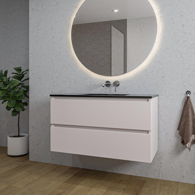 Adema Chaci Badkamermeubelset - 100x46x57cm - 1 keramische wasbak zwart - zonder kraangaten - 2 lades - ronde spiegel met verlichting - mat cotton (beige) SW1212775/SW773932/SW161922