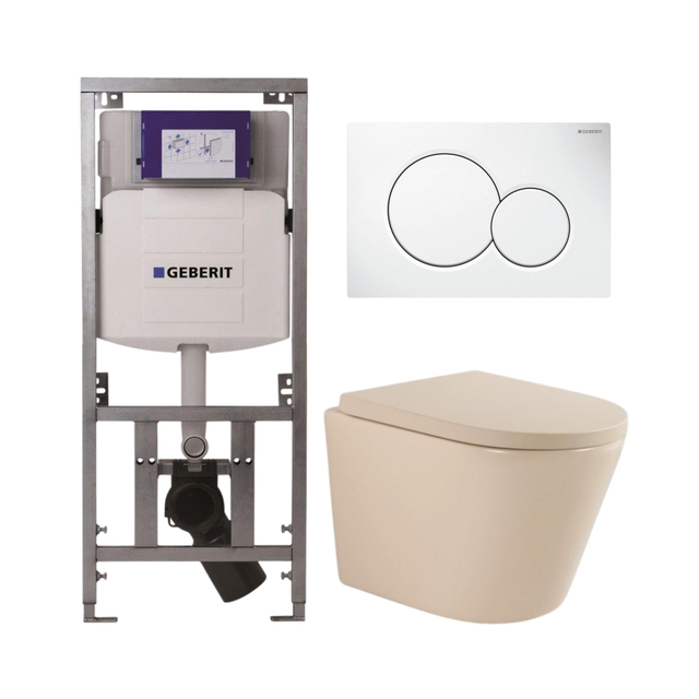 QeramiQ Dely Toiletset - Geberit UP320 Burda inbouwreservoir - witte bedieningsplaat - softclose toilet zitting 35 mm - mat beige SW1000764/SW1000771/0701131/0700518
