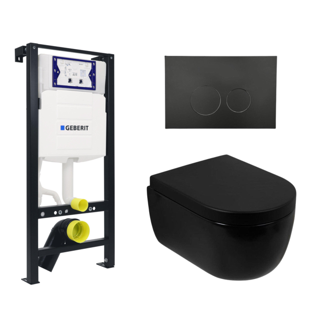 Plieger Kansas Toiletset - UP320 inbouwreservoir - wandcloset - compact - zitting - softclose - mat zwarte bedieningsplaat - ronde knoppen - mat zwart SW1381697/SW702232/SW706188