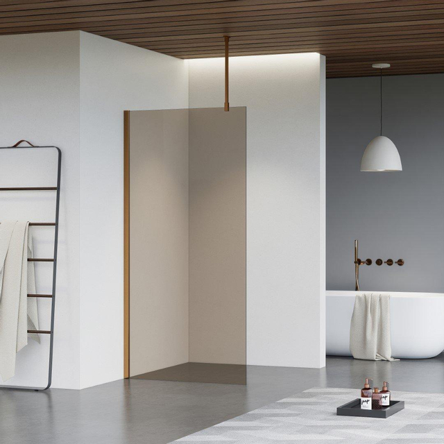 Fortifura Galeria inloopdouche - 90x200cm - rookglas - plafondarm - Geborsteld koper PVD (Koper) SW797938/SW876702/SW876705