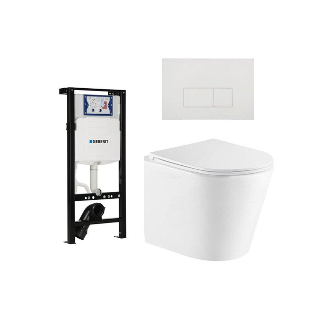 QeramiQ Dely Toiletset - 36.3x51.7cm - diepspoel - rimless - Geberit UP320 plieger inbouwreservoir - softclose toiletzitting - mat witte bedieningsplaat - rechtehoekige knoppen - wit mat SW543432/SW1381697/SW706191