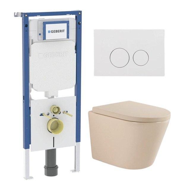 Geberit QeramiQ Dely Toiletset - 36.3x51.7cm - diepspoel - rimless -  UP720 inbouwreservoir - softclose toilet zitting 35 mm - glans witte bedieningsplaat - ronde knoppen - mat beige SW1000764/SW100077