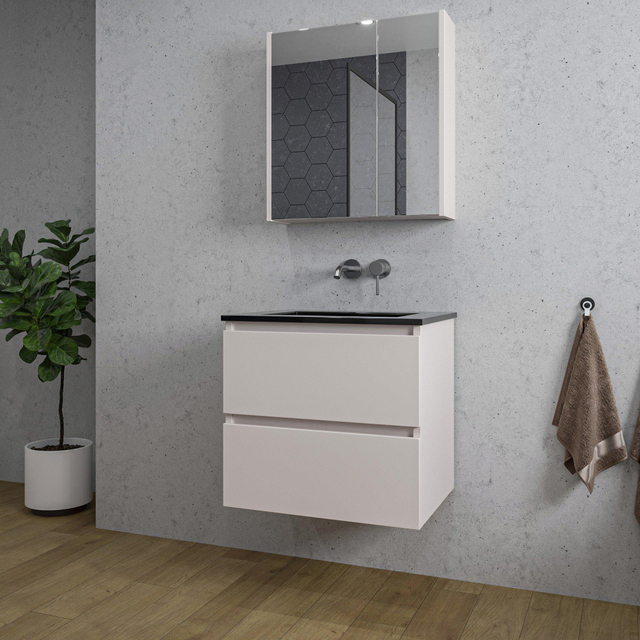 Adema Chaci Badkamermeubelset - 60x46x57cm - 1 keramische wasbak zwart - zonder kraangaten - 2 lades - Spiegelkast - mat cotton (beige) SW1212761/SW892634/SW1212815/SW773930
