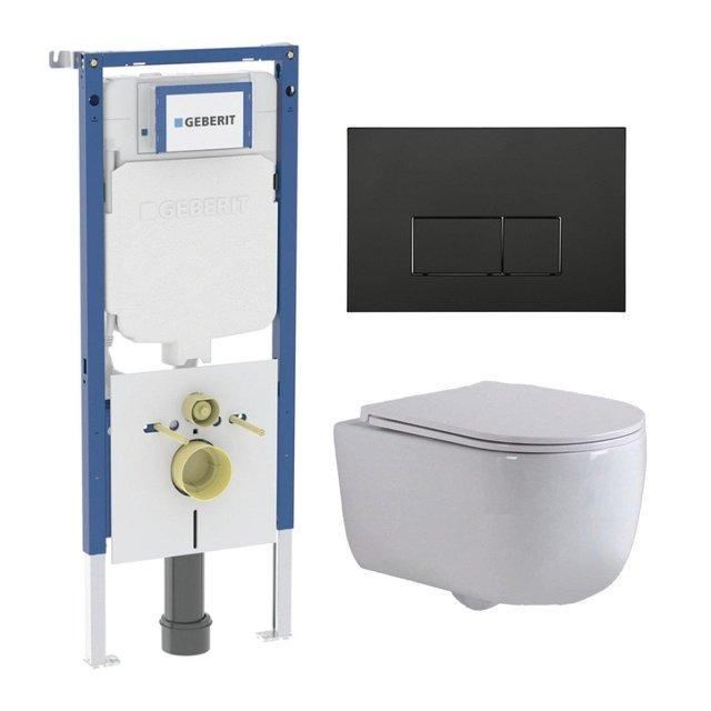 Geberit QeramiQ Dely Swirl Toiletset - 36.3x51.7cm -  UP720 Duofix Sigma inbouwreservoir - slim zitting - mat zwarte metalen bedieningsplaat - rechthoekige knoppen - wit glans SW1237202/SW706193/SW1000