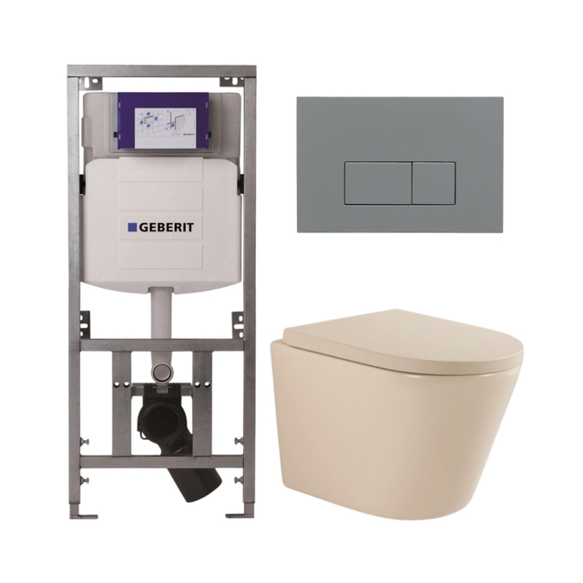 QeramiQ Dely Toiletset - 36.3x51.7cm - diepspoel - rimless - Geberit UP320 inbouwreservoir - softclose toilet zitting 35mm - bedieningsplaat licht grijs - rechthoekige knoppen - mat beige SW1000764/SW1000771/0701131/SW1102375