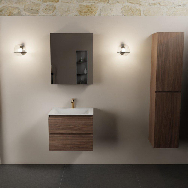 Mondiaz Aivy badmeubelset - 60x45x50cm - 1 kraangat - 1 wasbak talc Solid surface - Midden - 2 lades - Met spiegelkast - Melamine Mocha AIVY80330