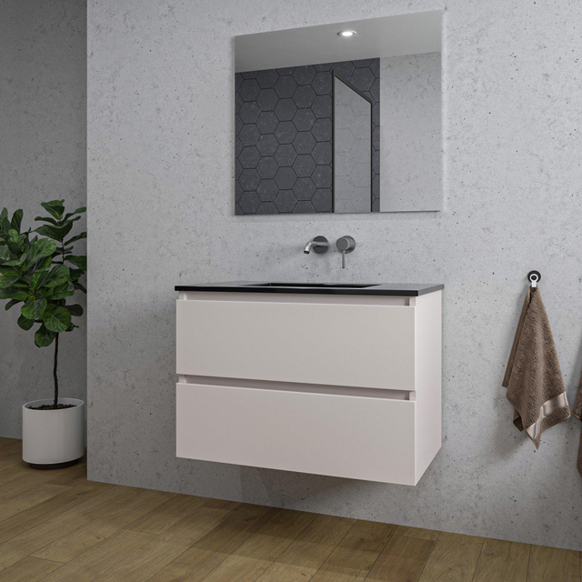 Adema Chaci Badkamermeubelset - 80x46x55cm - 1 keramische wasbak zwart - zonder kraangat - 2 lades - rechthoekige spiegel - mat cotton (beige) SW1212765/SW773931/SW724611