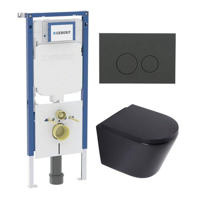 Geberit QeramiQ Dely Toiletset - 36.3x51.7cm - diepspoel - rimless -  UP720 inbouwreservoir - softclose toilet zitting 35 mm - bedieningsplaat mat antraciet - ronde knoppen - mat zwart SW1026253/SW1000