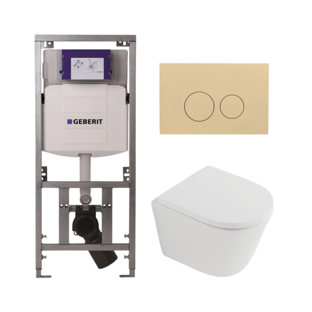 QeramiQ Dely Toiletset - 36.3x51.7cm - diepspoel - rimless - Geberit UP320 inbouwreservoir - softclose toilet zitting 35 mm - bedieningsplaat beige - ronde knoppen - mat wit SW1026254/SW1000767/0701131/SW1102365