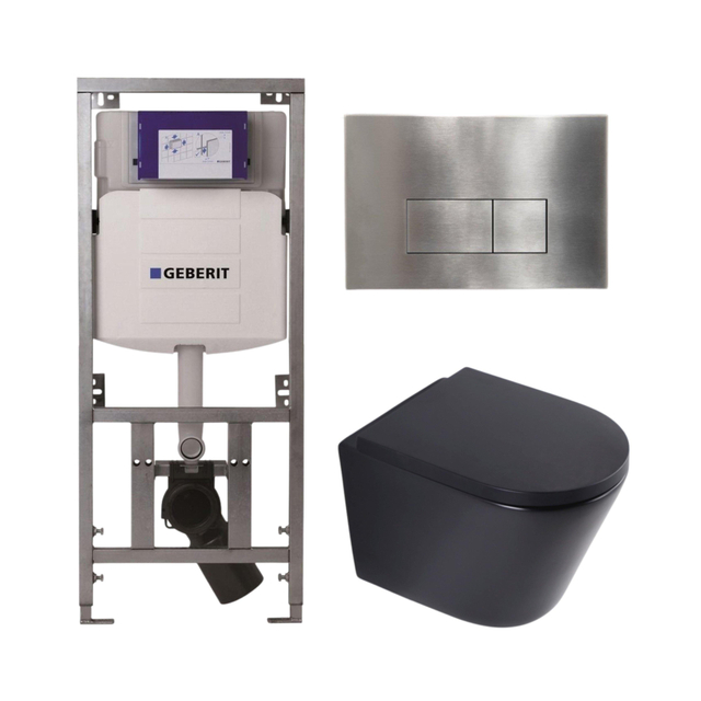 QeramiQ Dely Toiletset - 36.3x51.7cm - diepspoel - rimless - Geberit UP320 inbouwreservoir - softclose toilet zitting 35 mm - steel bedieningsplaat - rechthoekige knoppen - mat zwart SW1026253/SW1000769/0701131/SW706195