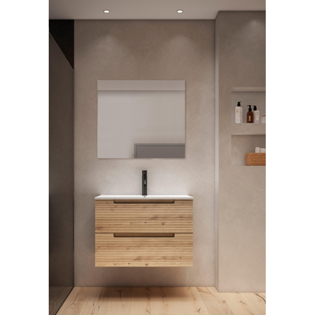Adema Prime Balance Badkamermeubelset - 80x55x45cm - 1 ovale keramische wasbak wit - 1 kraangat - 2 lades - rechthoekige spiegel - rustiek eiken SW718717/SW724611/SW1027166