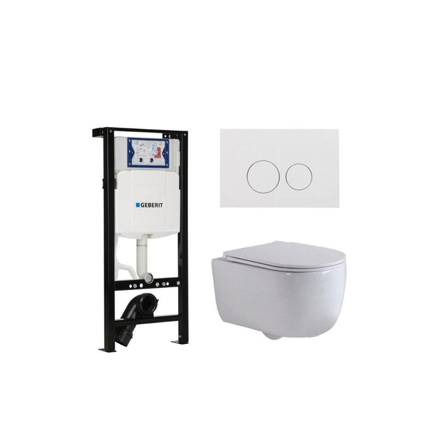 QeramiQ Dely Swirl Toiletset - 36.3x51.7cm - Geberit UP320 plieger inbouwreservoir - slim zitting - glans witte bedieningsplaat - ronde knoppen - wit glans SW1381697/SW706186/SW1000766/SW1026256