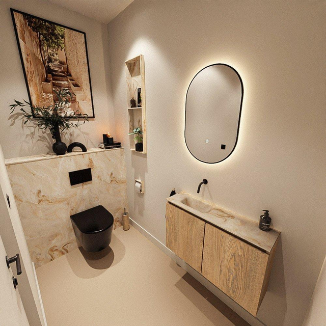 MONDIAZ TURE-DLUX 80cm toiletmeubel Washed Oak. EDEN wastafel Frappe positie links. Zonder kraangat. TUREDX80WASL0FRA