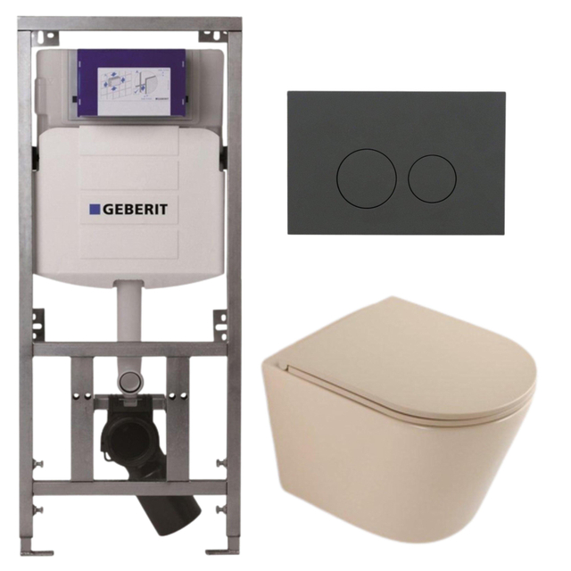 QeramiQ Dely Toiletset - 36.3x51.7cm - diepspoel - rimless - Geberit UP320 inbouwreservoir - softclose toilet zitting - bedieningsplaat mat antraciet - ronde knoppen - mat beige SW1000764/SW1000770/0701131/SW1102376