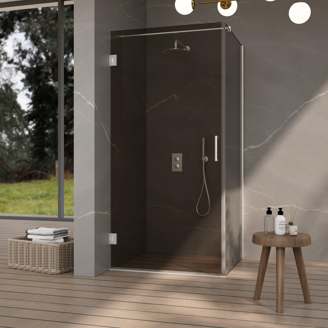 Fortifura Galeria Douchecabine - 90x80x200cm - scharnieren - deurgreep - vlak - rookglas - Geborsteld RVS PVD (Rvs) SW1122557/SW1122566/SW797908/SW797938