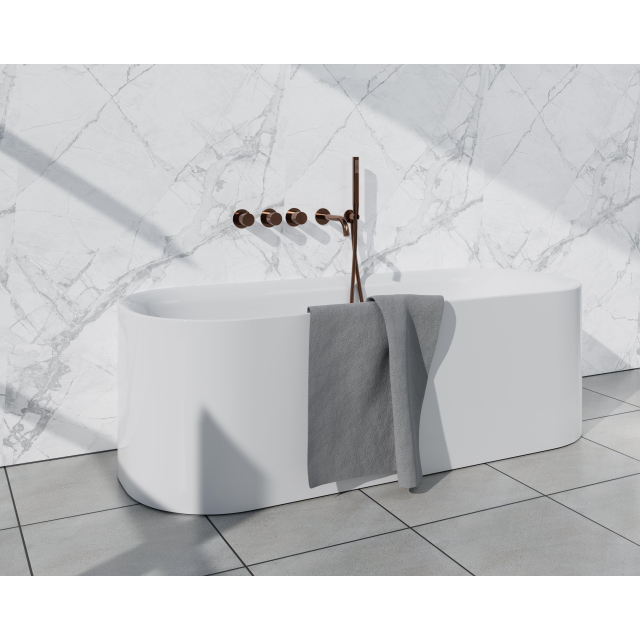 Fortifura Nebbio Badcombinatie-set - thermostaatkraan - wandaansluitbocht met handdouchehouder - metalen doucheslang - staaf handdouche - uitloop - geborsteld koper PVD (koper) SW1183069 2x SW1183076 