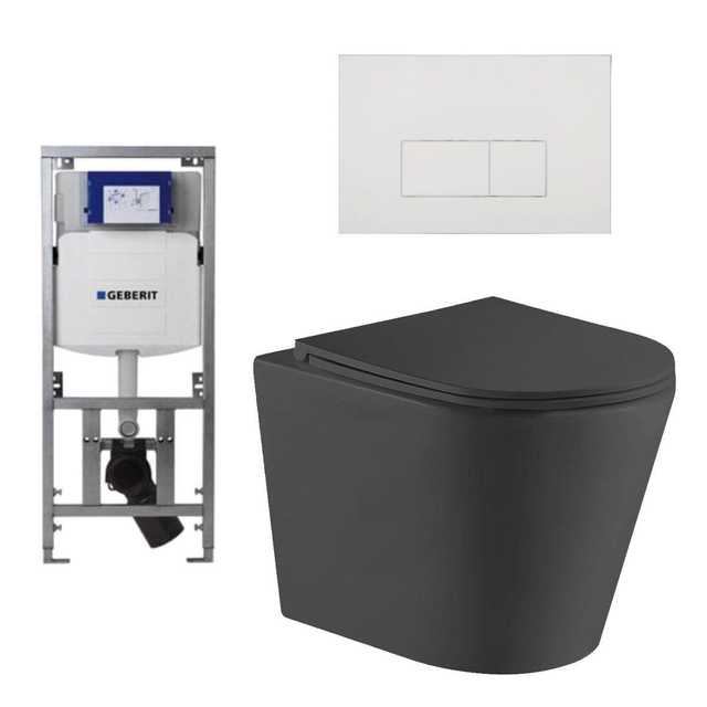 QeramiQ Dely Toiletset - 36.3x51.7cm - diepspoel - rimless - Geberit UP320 Burda inbouwreservoir - softclose toiletzitting - glans witte bedieningsplaat - rechtehoekige knoppen - mat zwart SW1026253/0701131/SW706187/SW1000768