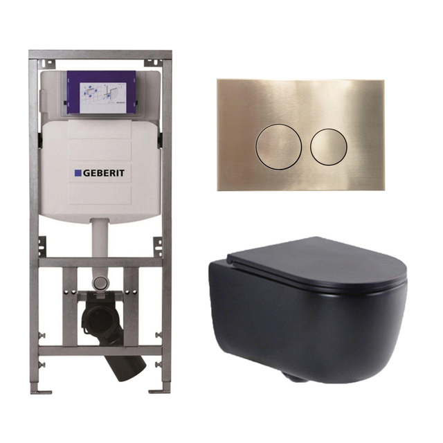 QeramiQ Dely Swirl Toiletset - 36.3x51.7cm - Geberit UP320 Burda inbouwreservoir -slim zitting - geborsteld messing bedieningsplaat - ronde knoppen - mat zwart 0701131/SW706200/SW1000768/SW106258