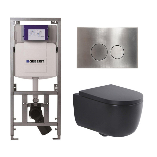 QeramiQ Dely Swirl Toiletset - 36.3x51.7cm - Geberit UP320 Burda inbouwreservoir - 35mm zitting - steel bedieningsplaat - ronde knoppen - mat zwart 0701131/SW706194/SW1000769/SW1026258