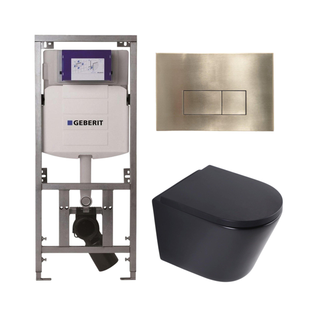 QeramiQ Dely Toiletset - 36.3x51.7cm - diepspoel - rimless - Geberit UP320 inbouwreservoir - softclose toilet zitting 35 mm - geborsteld messing bedieningsplaat - rechthoekige knoppen - mat zwart SW1026253/SW1000769/0701131/SW706201