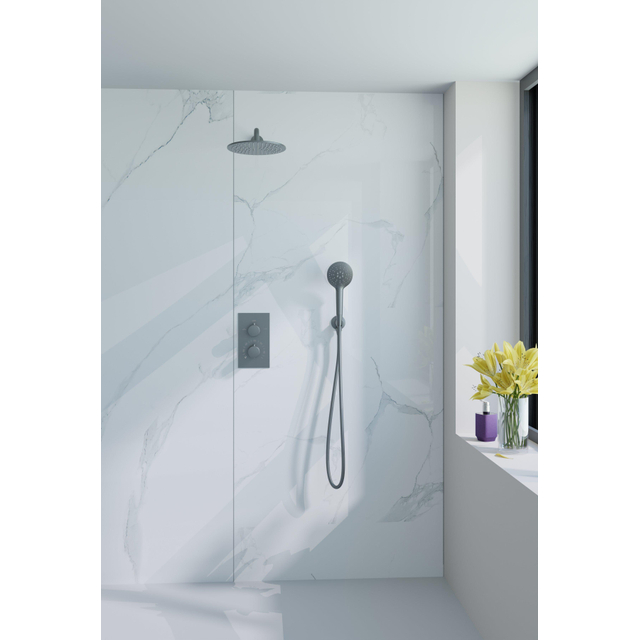 Fortifura Calvi Inbouw Regendoucheset - thermostatisch - wandarm - 30cm hoofddouche - ronde handdouche - metalen doucheslang - geborsteld Gunmetal PVD SW706207/SW1139123/SW720563/SW766536/SW721170/SW7