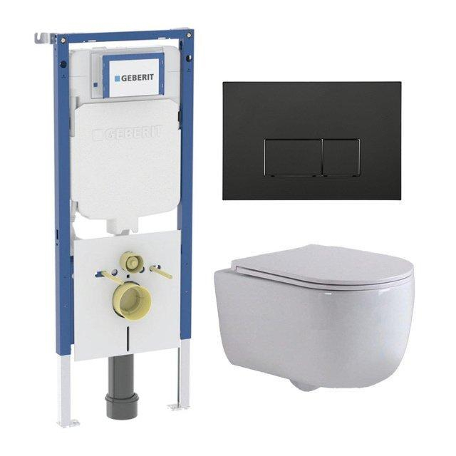 Geberit QeramiQ Dely Swirl Toiletset - 36.3x51.7cm -  UP720 Duofix Sigma inbouwreservoir - slim zitting - mat zwarte bedieningsplaat - rechthoekige knoppen - wit glans SW1000766/Sw1026256/SW1237202/SW7