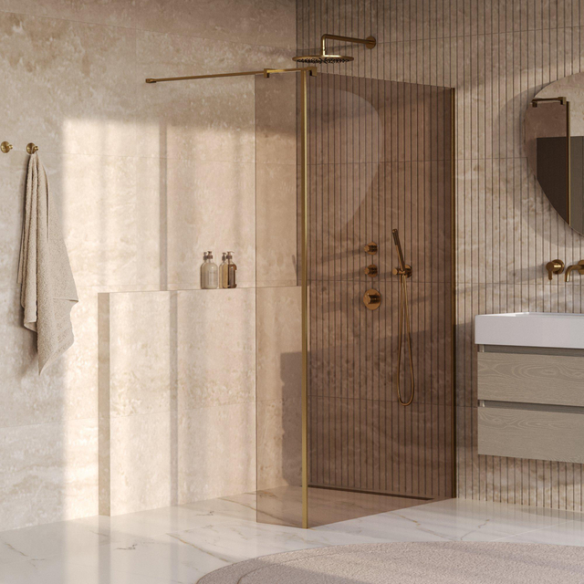 Brauer Oblivion Inloopdouche - 120x200cm - 30 cm zijwand - glascoating - brons glas - geborsteld goud PVD GS-OBI2B12030200GG