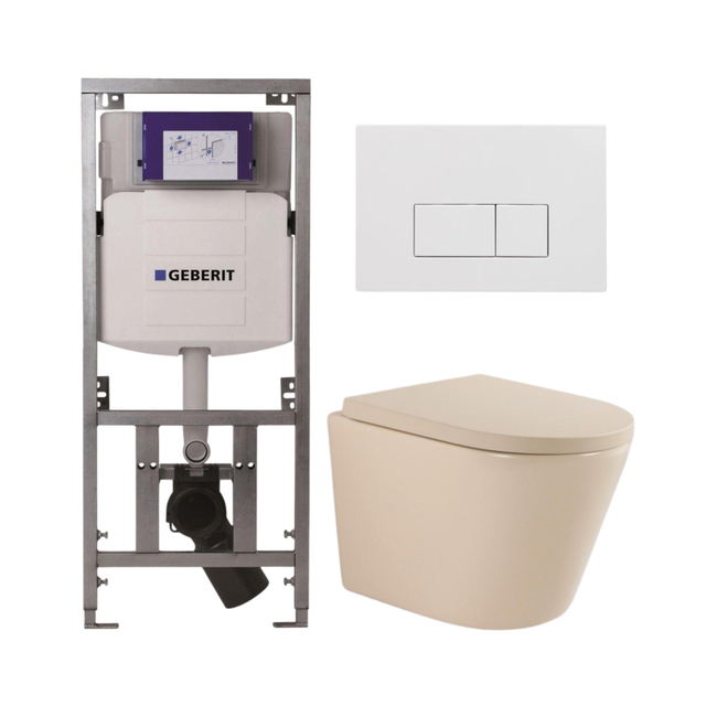 QeramiQ Dely Toiletset - 36.3x51.7cm - diepspoel - rimless - Geberit UP320 inbouwreservoir - softclose toilet zitting 35 mm - glans witte bedieningsplaat - rechthoekige knoppen - mat beige SW1000764/SW1000771/0701131/SW706187