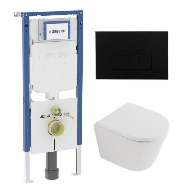 Geberit QeramiQ Dely Toiletset - 36.3x51.7cm - diepspoel - rimless -  UP720 inbouwreservoir - softclose toilet zitting 35 mm - kunstof mat zwarte bedieningsplaat - rechthoekige knoppen - mat wit SW1026
