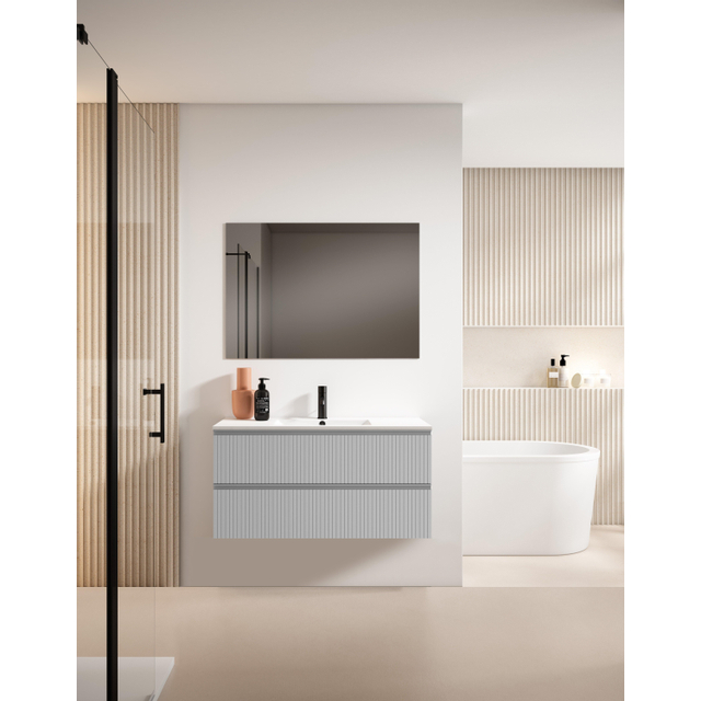 Adema Prime Blend Badkamermeubelset - 100x55x46cm - 1 ovale keramische wasbak wit - 1 kraangat - 2 lades - rechthoekige spiegel - mat greige (grijs) SW892651/SW718718/SW724612