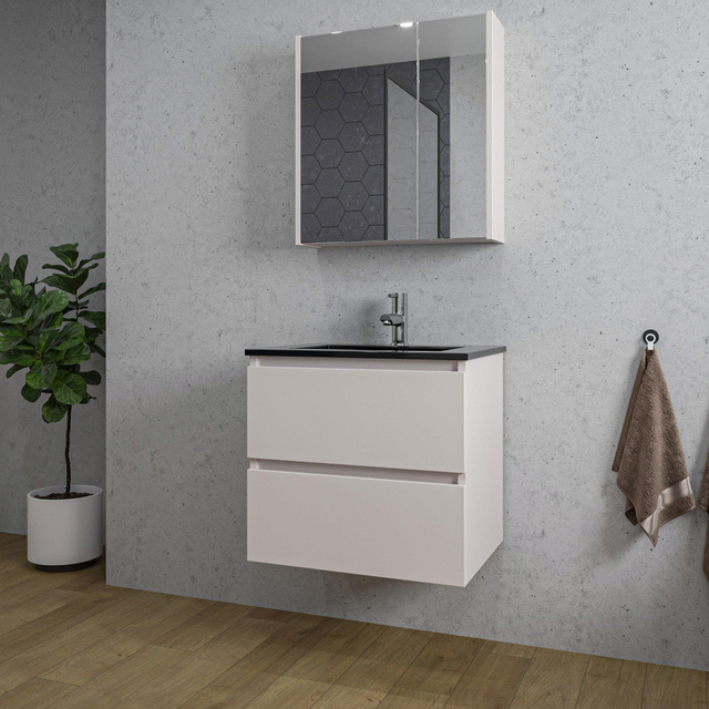 Adema Chaci Badkamermeubelset - 60x46x57cm - 1 keramische wasbak zwart - 1 kraangat - 2 lades - Spiegelkast - mat cotton (beige) SW1212761/SW1212815/SW892634/SW761654