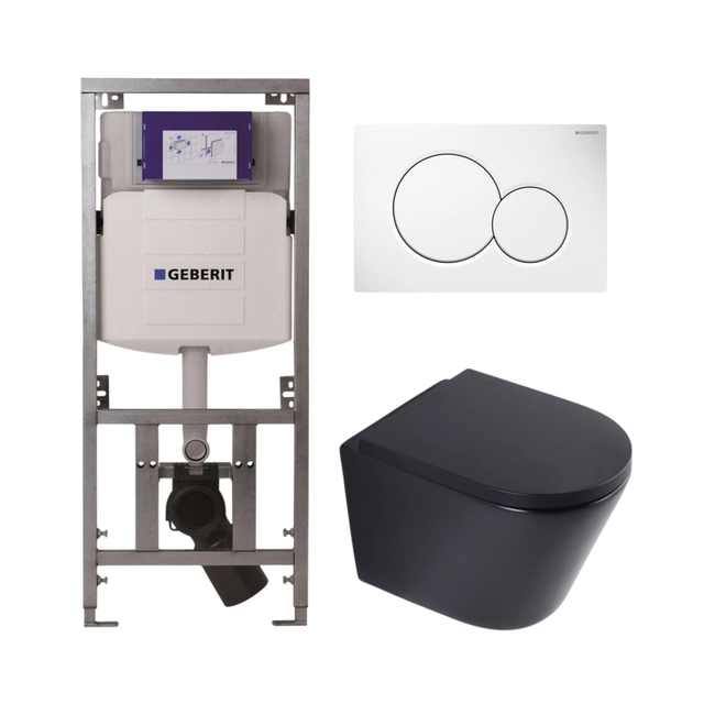 QeramiQ Dely Toiletset - Geberit UP320 Burda inbouwreservoir - witte bedieningsplaat - softclose toilet zitting 35 mm - mat zwart SW1026253/SW1000769/0701131/0700518