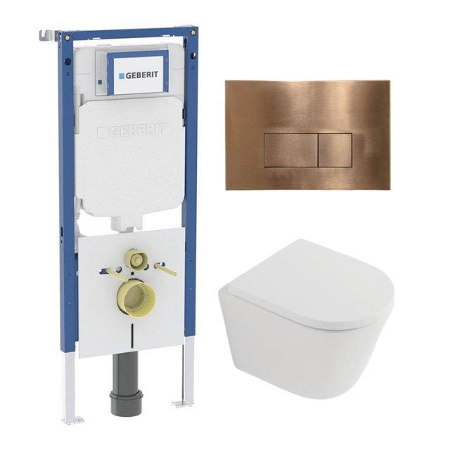Geberit QeramiQ Dely Toiletset - 36.3x51.7cm - diepspoel - rimless -  UP720 inbouwreservoir - softclose toilet zitting 35 mm - koperen bedieningsplaat - rechthoekige knoppen - mat wit SW1026254/SW10007