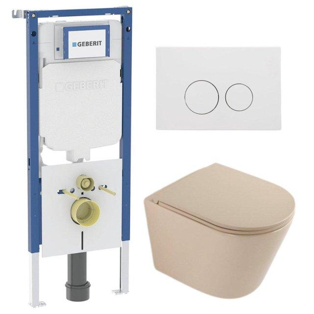 Geberit QeramiQ Dely Toiletset - 36.3x51.7cm - diepspoel - rimless -  UP720 inbouwreservoir - softclose toilet zitting - mat witte bedieningsplaat - ronde knoppen - mat beige SW1000764/SW1000770/SW1237