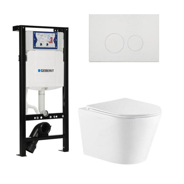 QeramiQ Dely Toiletset - 36.3x51.7cm - diepspoel - rimless - Geberit UP320 plieger inbouwreservoir - softclose toiletzitting - glans witte bedieningsplaat - ronde knoppen - wit mat SW543432/SW1381697/SW706186
