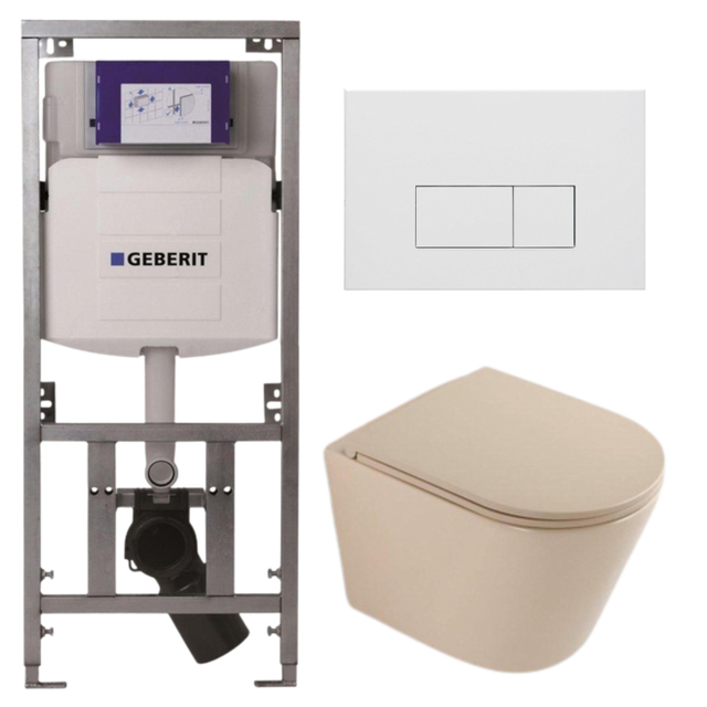 QeramiQ Dely Toiletset - 36.3x51.7cm - diepspoel - rimless - Geberit UP320 inbouwreservoir - softclose toilet zitting - mat witte bedieningsplaat - rechthoekige knoppen - mat beige SW1000764/SW1000770/0701131/SW706191