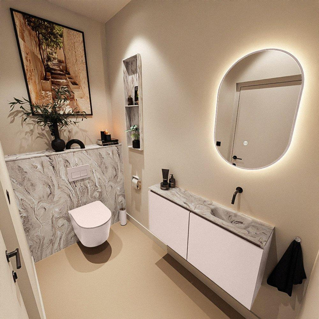 MONDIAZ TURE-DLUX 100cm toiletmeubel Rosee. EDEN wastafel Glace positie rechts. Zonder kraangat. TUREDX100ROSR0GLA