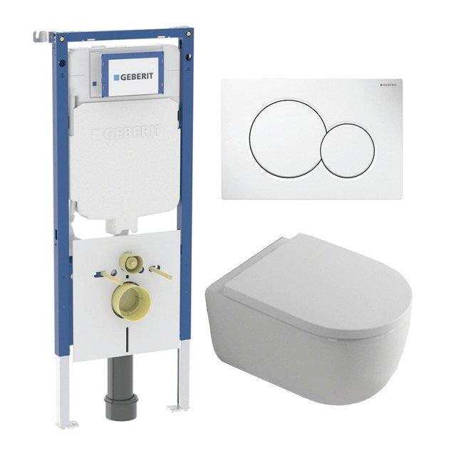 Geberit QeramiQ Dely Swirl Toiletset - 36.5x53cm -  UP720 Duofix Sigma inbouwreservoir - 35mm zitting - witte sigma bedieningsplaat - ronde knoppen - glans wit SW1237202/0700518/SW1000767/SW1026256