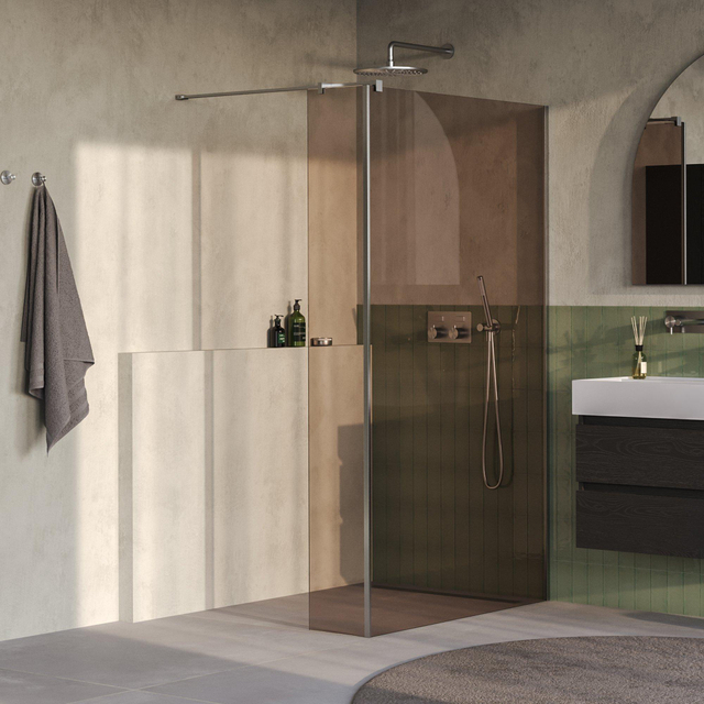 Brauer Oblivion Inloopdouche - 120x200cm - 30 cm zijwand - glascoating - brons glas - Geborsteld RVS PVD GS-OBI2B12030200NG